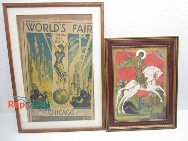Lot 31-9359 - (2) Framed Art: Chicago World Fair 25" x 18" &amp; Dragon Slayer