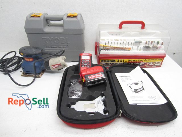 Lot 31-9245 - Ryobi Palm Sander (Power On), Craftsman Laser Level (Power On) And Rotary Acces Kit