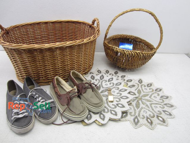 Lot 31-6317 - Estate Lot: Seiko Watch (not running), Wicker Baskets, Shoes, (3) Table Mats