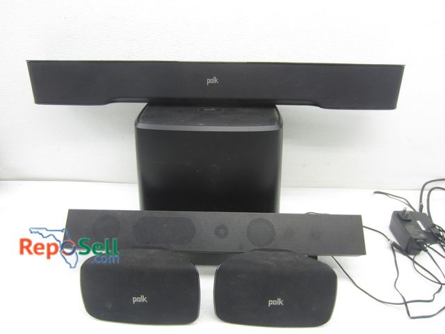 Lot 31-2411 - (4) Piece Polk Sound Set (Powers On) &amp; (1) NEC Sound Bar (No Power Cord)