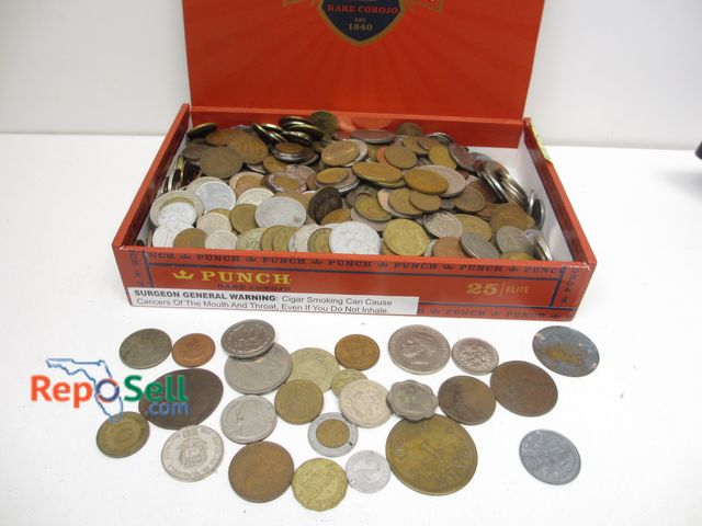 Lot 31-8043 - Large Lot of Foreign Coins with Cigar Box - 7.98 lbs total