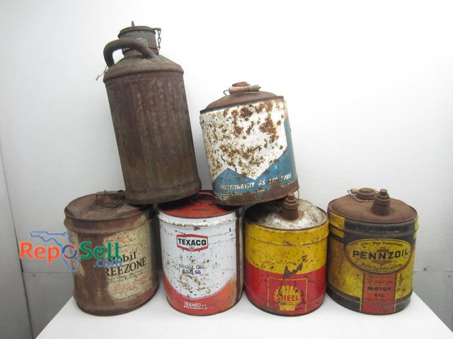 Lot 31-5034 - (5) Large Vintage Oil Cans And (1) 5 Gallon Milk Jug, All Metal, Various Brands