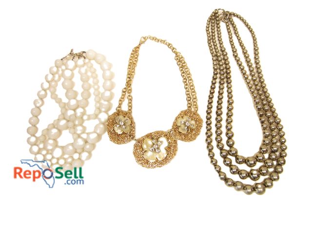 Lot 31-1530 - (3) Necklaces: White Beads, Gold tone Beads and Flowers