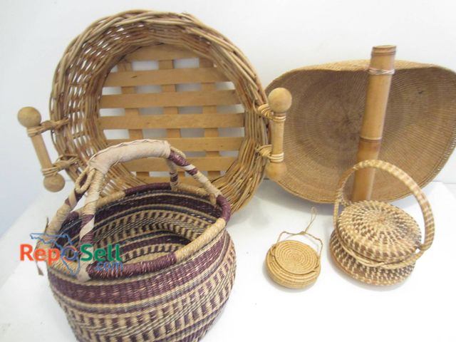 Lot 31-9084 - Five Woven And Bamboo Baskets Of Different Shapes And Details.