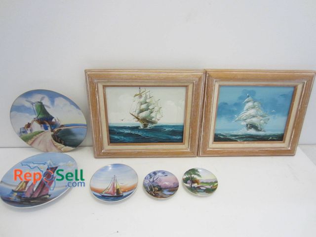 Lot 31-9083 - Two Framed Paintings And Five Plates Signed By Artists, Made In Japan, And Hand-Painted.