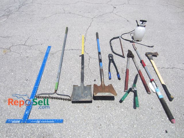 Lot 31-2430 - Outdoor Tool Lot: (2) Shovels, Rake, Clippers, Axe, Hand-Saw, etc. - BRING TOTE