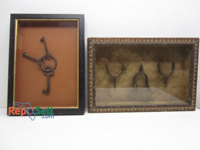 Lot 31-3409 - (2) Wood Shadow Boxes - Skeleton Keys and Stirrups