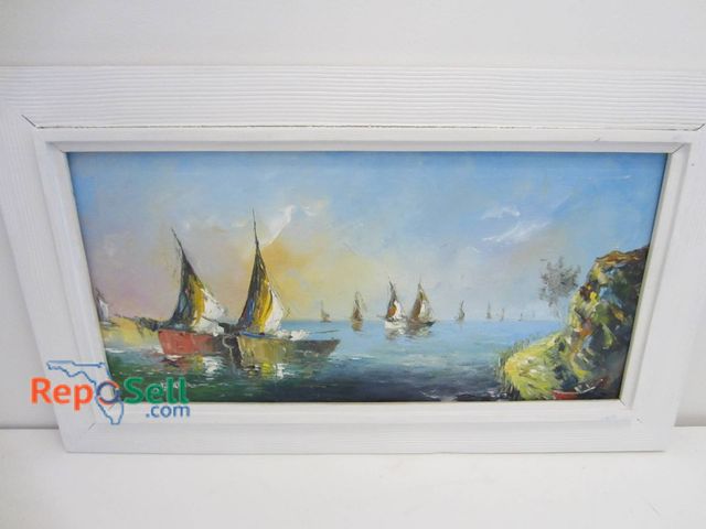 Lot 31-9065 - Framed Oil On Canvas Depicting Sailing Boats On Water. Signed 'Rugard'. Measures 30x18 Inches.