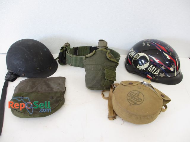 Lot 31-1250 - (2) Motorcycle Helmets and (3) Military / Outdoor Items; Includes (2) Canteens