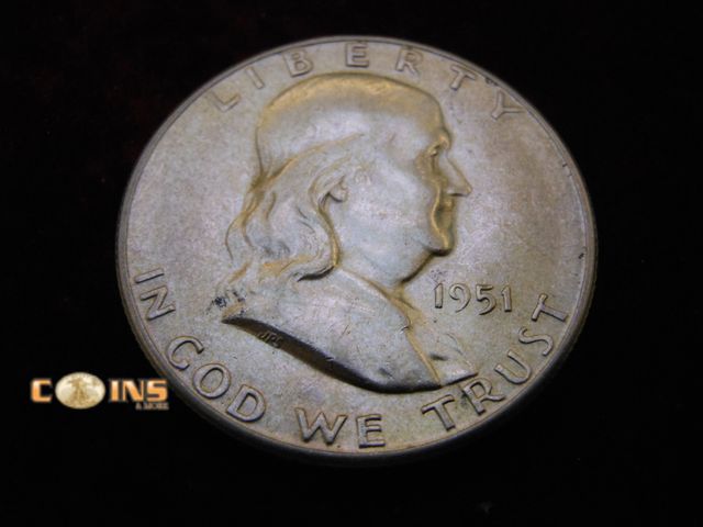 Lot 36-486481 - 1951 Silver Franklin Half Dollar. Bell Lines Visible.
