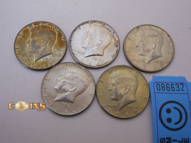 Lot 36-086632 - Lot of Five Assorted Silver Kennedy Half Dollars, See Pictures For Dates.