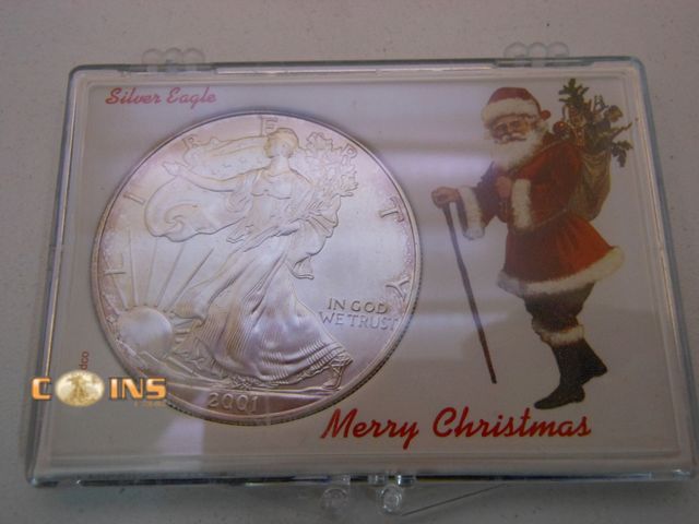 Lot 36-486716 - UNC/BU 2001 Silver American Eagle in Christmas Holder.