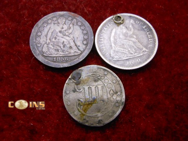 Lot 36-238206 - 1856 and 1860 Silver Seated Half Dimes With 1851 Silver Three Cent Piece.