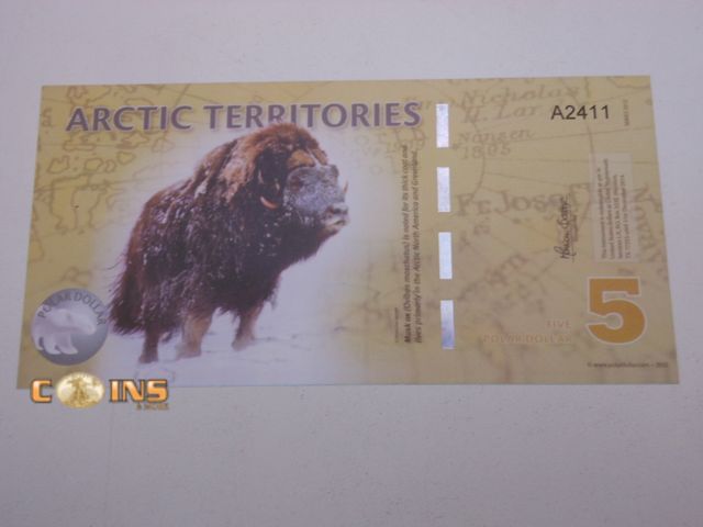 Lot 36-487883 - Arctic Territories 5 Dollar 2012 Polar Dollars Polymer Uncirculated Banknote.
