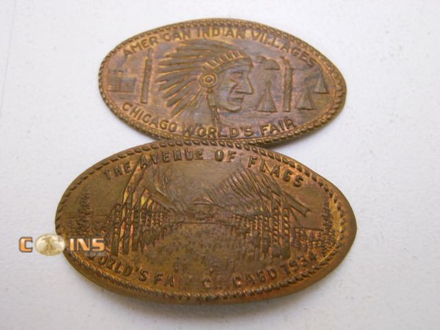 Lot 36-086700 - Lot of Two 1934 Chicago Worlds Fair Elongated Cents, One Indian One Wheat.
