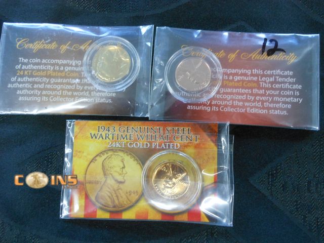 Lot 36-487896 - Two Gold Plated 1943 Steel Cents and Buffalo Nickel. Comes With COA.