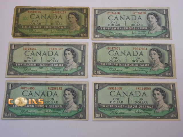 Lot 36-487917 - Lot of Six 1954 Canada $1 Notes.