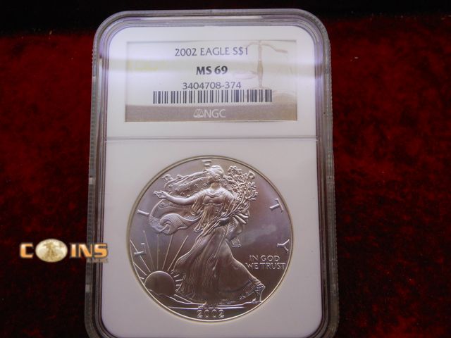 Lot 36-487250 - 2002 Silver American Eagle NGC Graded MS69.  .999 Fine Silver One Troy Ounce.