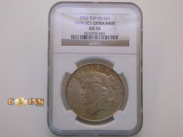 Lot 36-238253 - 1922 Peace Silver Dollar $1 VAM 2C1 Extra Hair NGC Graded AU58