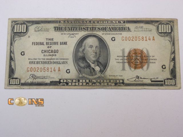 Lot 36-488326 - 1929 Brown Seal $100 Bank of Chicago National Currency Note.
