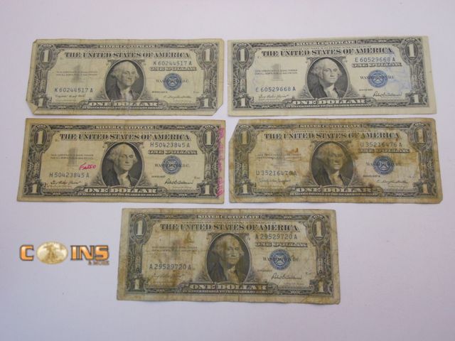 Lot 36-487794 - Lot of Five Blue Seal $1 Silver Certificates.