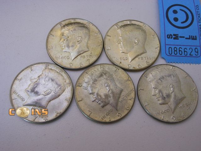 Lot 36-086629 - Lot of Five Assorted Silver Kennedy Half Dollars, See Pictures For Dates.