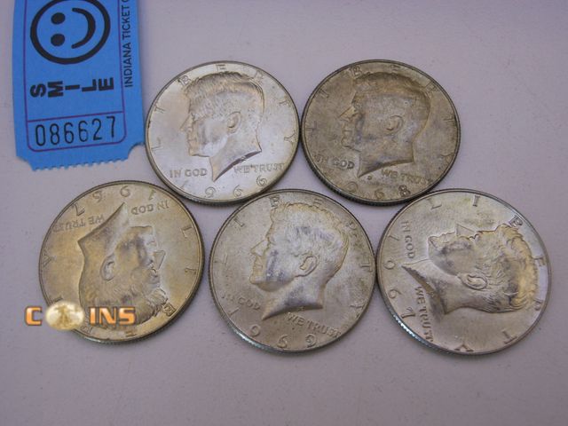 Lot 36-086627 - Lot of Five Assorted Silver Kennedy Half Dollars, See Pictures For Dates.