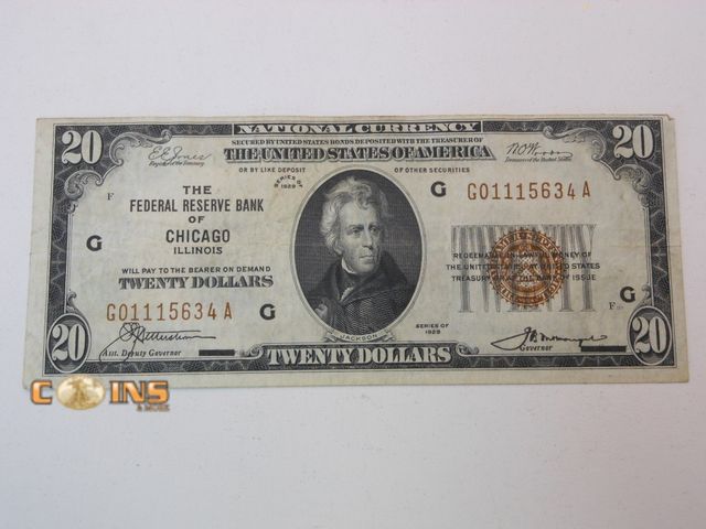 Lot 36-489199 - Better Condition 1929 $20 National Bank Note Of Chicago.