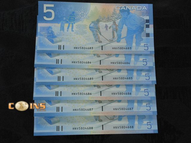 Lot 36-086604 - Lot of Six Crisp SEQUENTIAL Canadian $5 Bills.