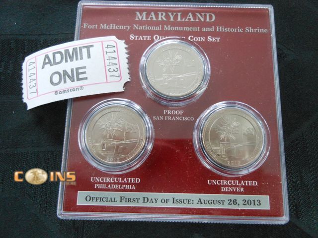 Lot 36-414437 - Maryland Fort McHenry State Quarter Three Coin Set. Proof San Francisco , Denver and Philadelphia Mi...