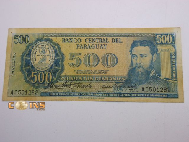 Lot 36-487904 - PARAGUAY BANCO CENTRAL 500 GUARNANIES 1952 P206 UNC SUPERB.