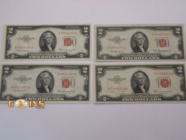 Lot 36-238566 - Lot of Four 1953 UNC Red Seal $2 United States Notes.