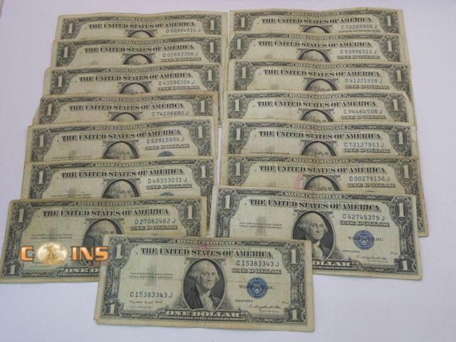 Lot 36-086591 - Lot of 15 Assorted 1935 Bluer Seal $1 Silver Certificates.