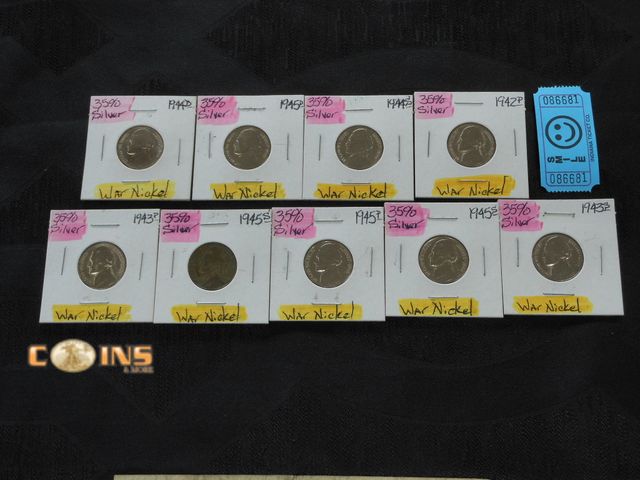 Lot 36-086681 - Lot of Nine Assorted Silver Jefferson War Nickels.