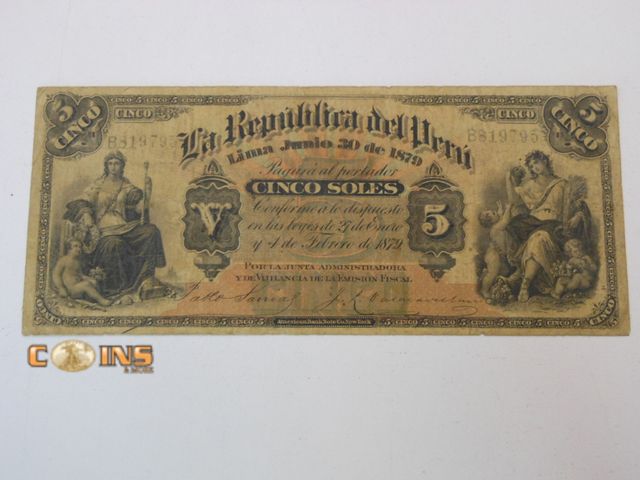 Lot 36-489198 - Better Peru 5 Soles 1879 Republica del Peru Note.