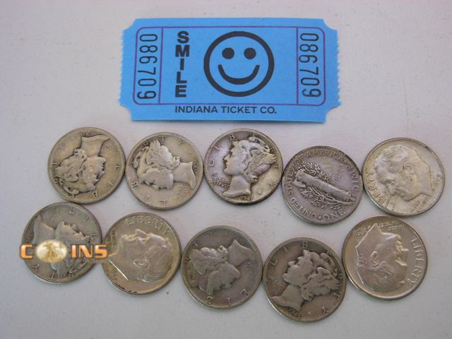 Lot 36-086709 - Lot of Ten Assorted Silver Dimes.