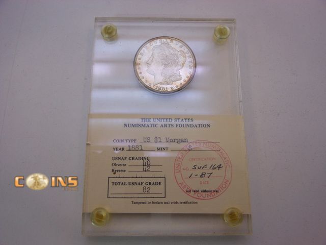 Lot 36-238556 - UNC/BU 1881-S Morgan Dollar in US Numismatic art Foundation Grade Holder.