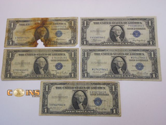 Lot 36-487795 - Lot of Five Blue Seal $1 Silver Certificates.