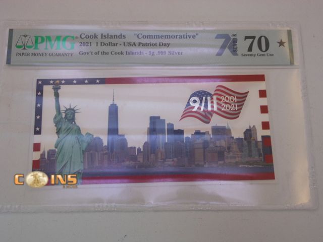 Lot 36-486581 - 2021 COOK ISLANDS COMMEMORATIVE USA PATRIOT DAY $1 5 GRAM SILVER NOTE PMG 70 GEM.