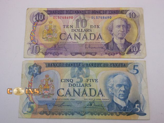 Lot 36-487919 - Canadian $5 and $10 Note.