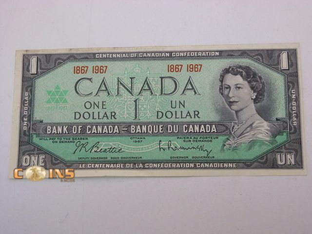 Lot 36-487871 - 1867-1967 AU+ Crisp Bank of Canada $1 Note.  Fantastic Eye Appeal.
