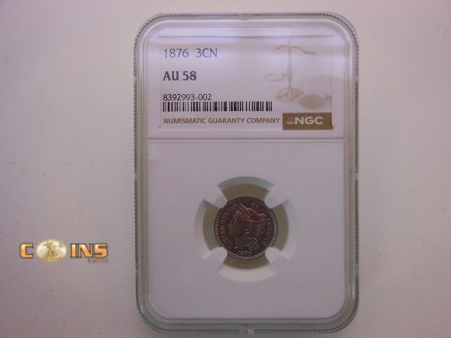 Lot 36-485793 - MUST SEE Key Date 1876 NGC Graded AU58 Three Cent Piece.
