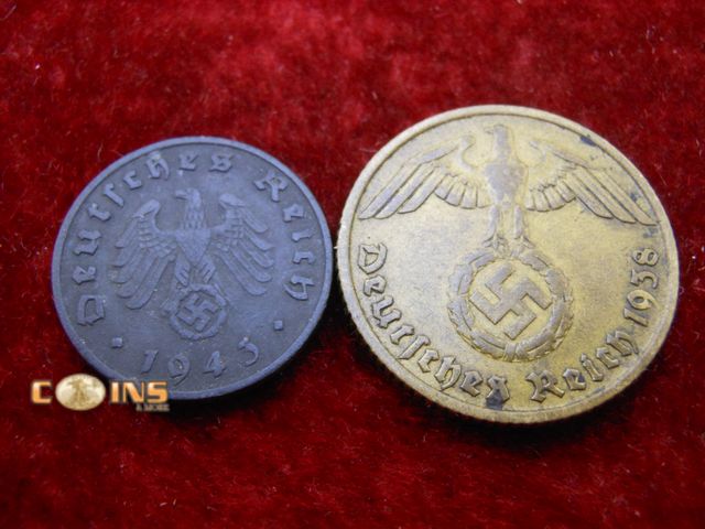 Lot 36-238256 - Germany Nazi -10 Reich Pfennig 1938-E, 1 Pfennig 1943-D.
