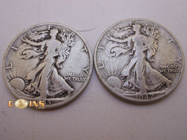 Lot 36-487822 - 1935-S and 1942 Silver Walking Liberty Half Dollars.
