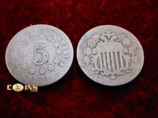 Lot 36-086613 - Lot of Two US Shield Nickels, 1866 With Rays.