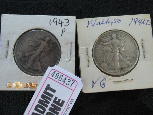 Lot 36-486437 - 1943 and 1945-D Silver Walking Liberty Half Dollars.