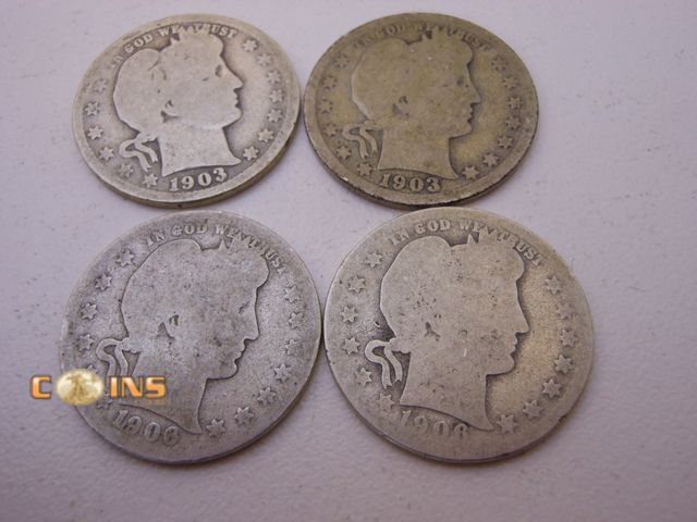 Lot 36-487724 - Lot of Four Silver Barber Quarters, See Both Pictures For Dates and Mint Marks.