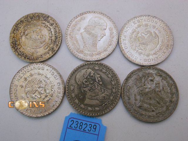 Lot 36-238239 - Lot of Six Silver Mexican UN Pesos.