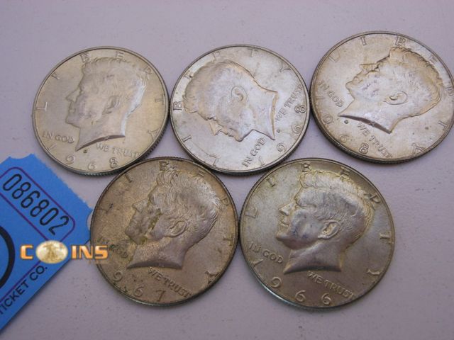 Lot 36-086802 - Lot of Five Silver Kennedy Half Dollars.