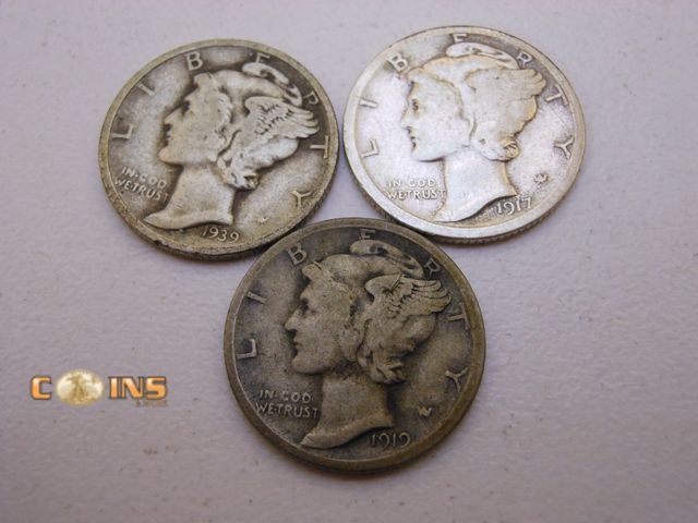 Lot 36-238240 - 1917-S, 1919-S and 1939-D Silver Mercury Dime.